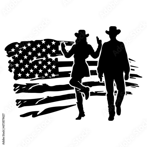 cowboy cowgirl Silhouette in Usa Flag Distressed, American Flag Graphic