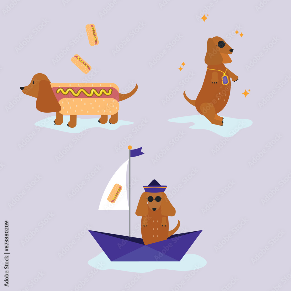 Flat style illustration. Dachshund fashion. Stylish mascot Flat style illustration. Dachshund fashion. Stylish mascot