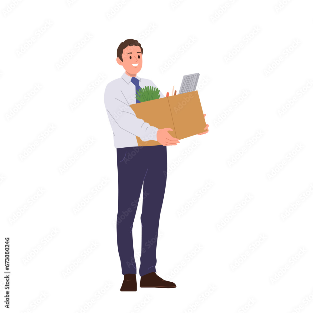 Young businessman or employee worker cartoon character moving to new office isolated on white Young businessman or employee worker cartoon character moving to new office isolated on white