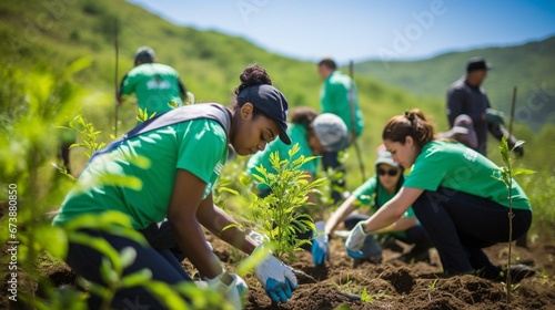 Young people volunteer outdoors for reforestation. generative ai