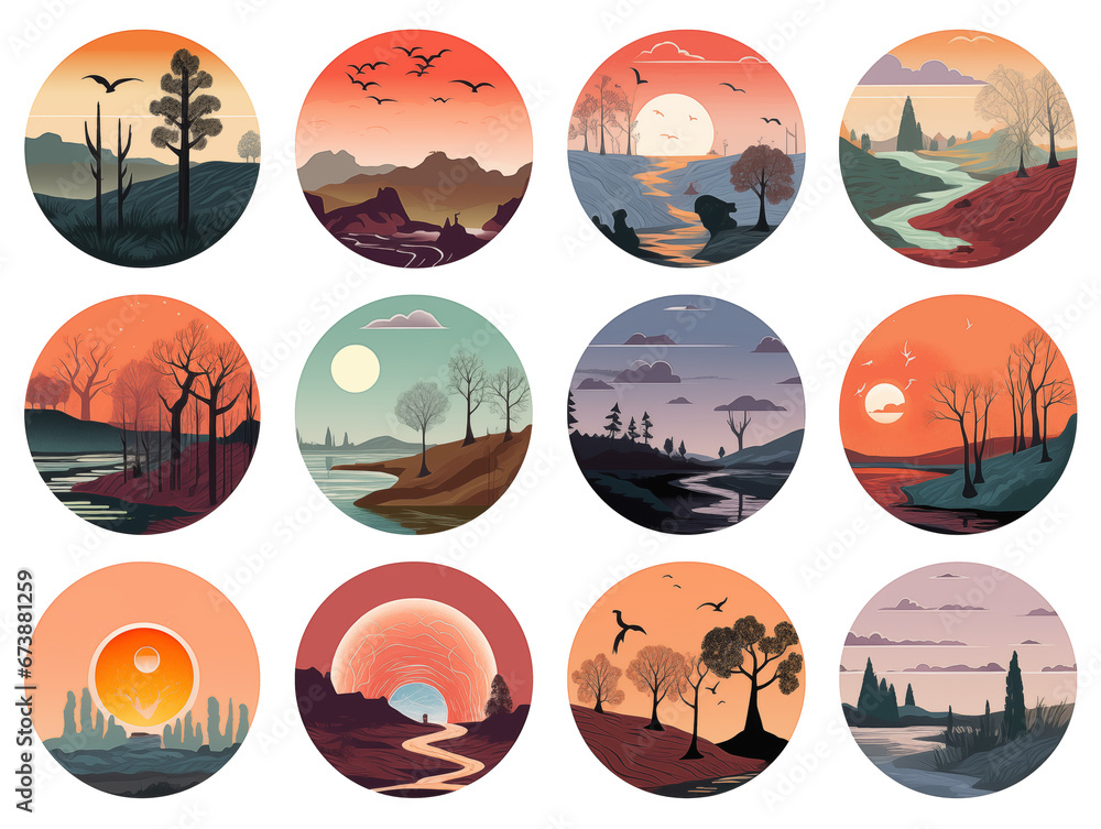 a collection of many flat circular illustrations of different locations in rounded forms with nature-inspired motifs style