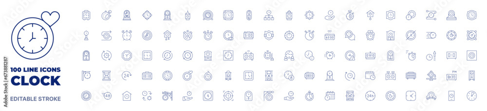 100 icons Clock collection. Thin line icon. Editable stroke. Clock icons for web and mobile app.