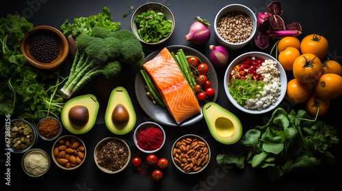An assortment of healthy foods, red fish, brocolli, chickpeas and nuts and other diet foods