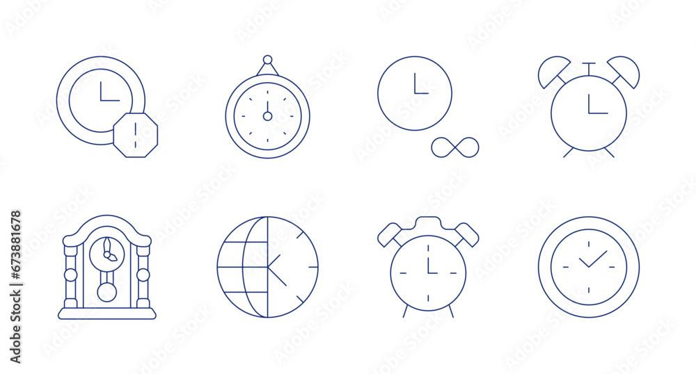Clock icons. Editable stroke. Containing delay, clock, alarm clock, wall clock, time zone.