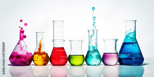 test tubes of different shapes and sizes with different colored liquid on a white background photo