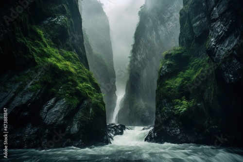 Cascading waters plunging into the misty abyss illustration Fototapet