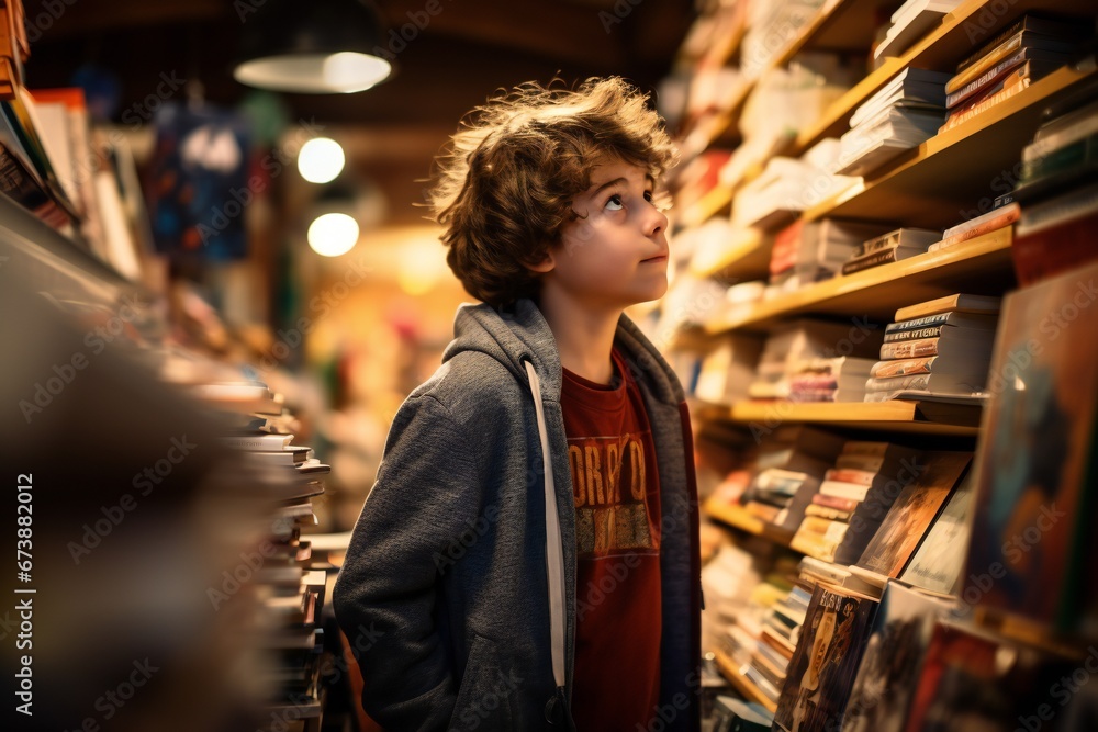 A child looking attentively at the books in a bookstore, interested in reading,back to school concept