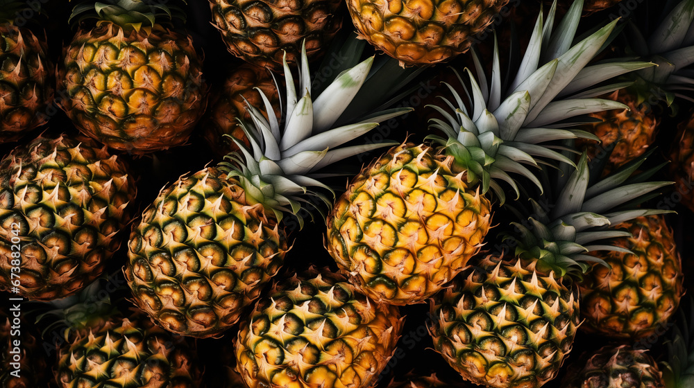 A group of pineapples with green leaves - fruit background wallpaper A group of pineapples with green leaves - fruit background wallpaper