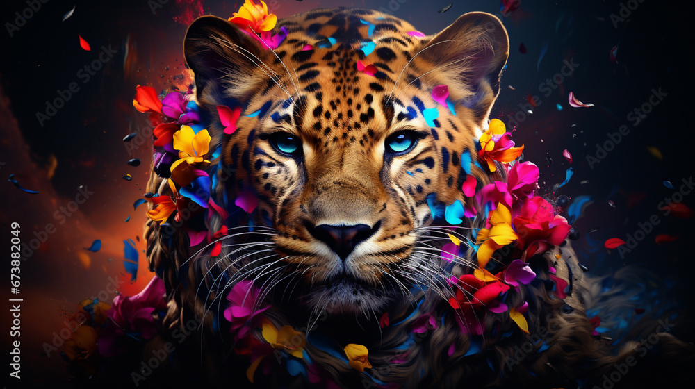 Creative photography of cheetah, multicolored, modern colors and mood of social backgrounds