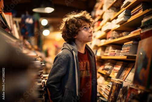 A child looking attentively at the books in a bookstore, interested in reading,back to school concept