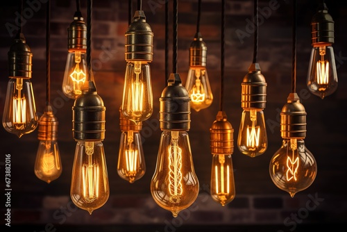 Decorative antique Edison style light bulbs different illustration. AI generative.