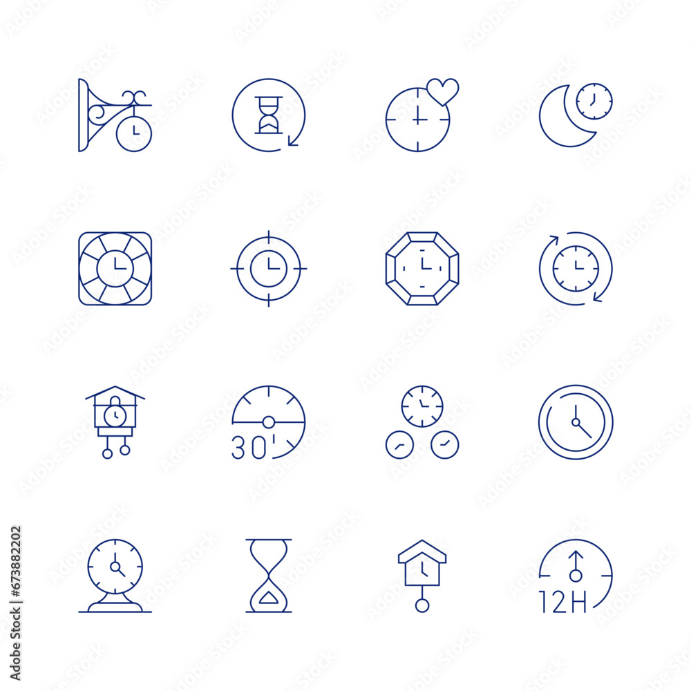 Clock line icon set on transparent background with editable stroke. Containing waiting, target, minutes, wall clock, clock, table clock, cuckoo clock, sleep, sand clock, Frame, timing.