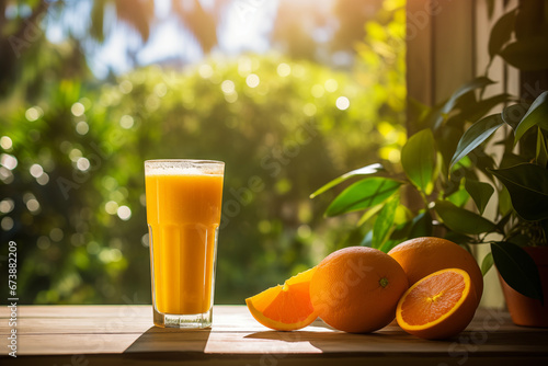 A glass of orange juice next to oranges photo