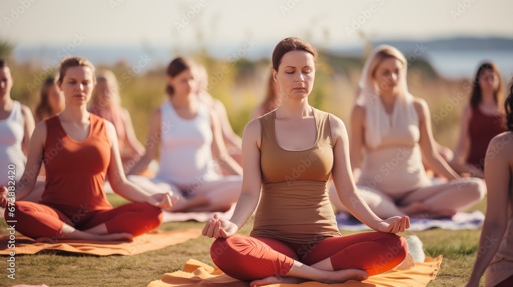 Pregnant women meditating in lotus position on yoga mat in park