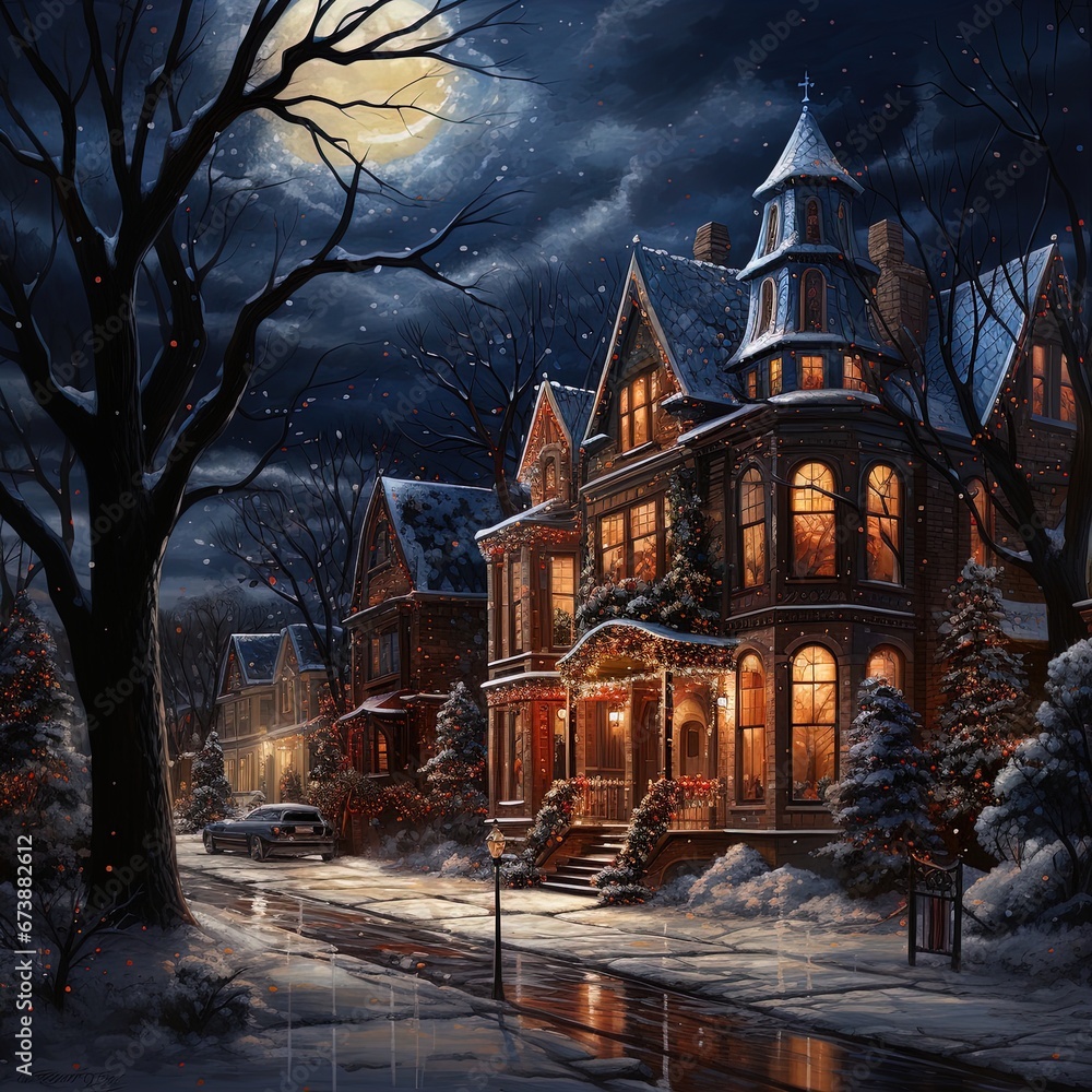 Winter snowy small city street with lights in houses, falling snow town night landscape. background. Winter snowy small city street with lights in houses, falling snow town night landscape. background.