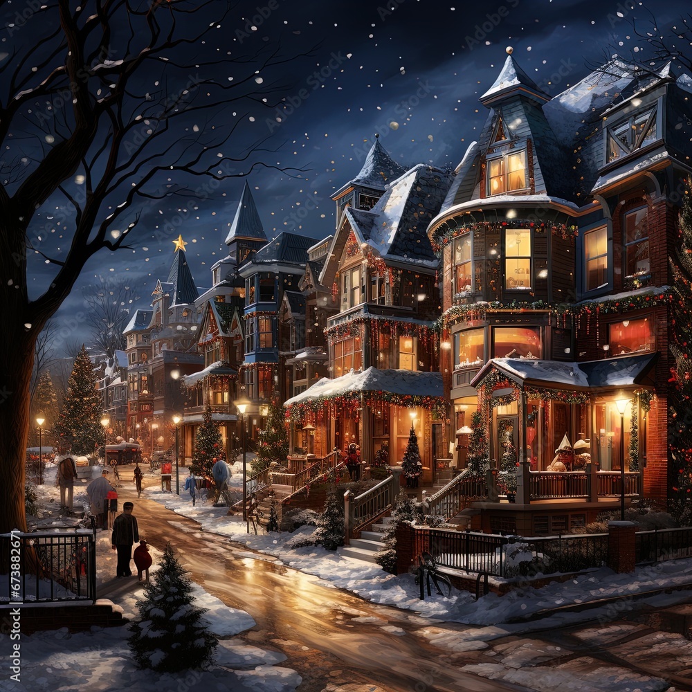 Winter snowy small city street with lights in houses, falling snow town night landscape. background.