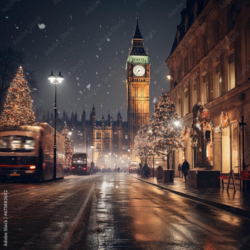 Fototapeta premium Winter snowy small city street with lights in houses, falling snow town night landscape. background.