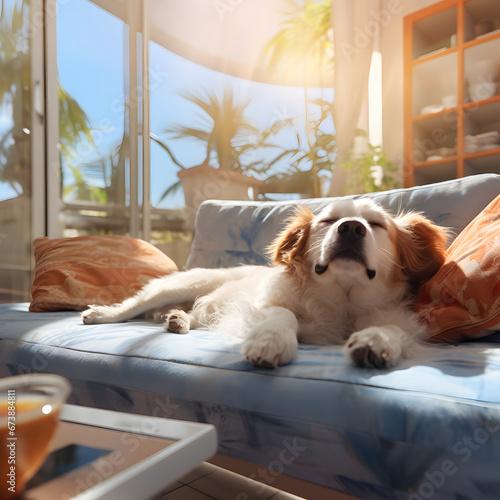 3d illustration for indoor living room with sunlight, animals, dog, pet, lovely, family  photo
