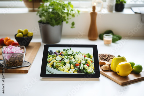 Tablet displaying a recipe among fresh kitchen ingredients.