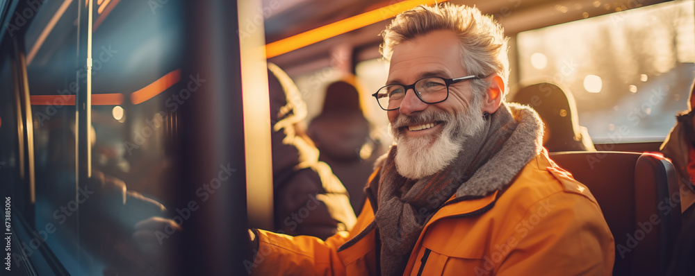 Old man sitting in the urban bus in winter.