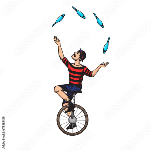 Circus juggler engraving sketch hand drawn color vector illustration. Scratch board style imitation. Hand drawn image.