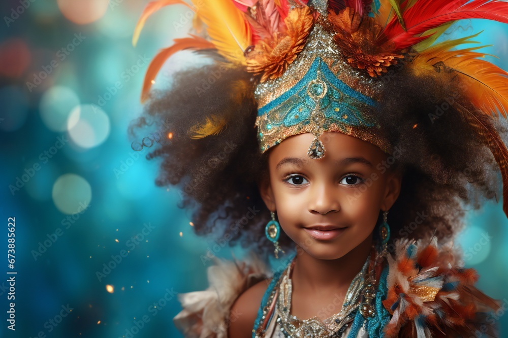 African American child in carnival costume on bright background, empty space banner horizontal - obrazy, fototapety, plakaty 