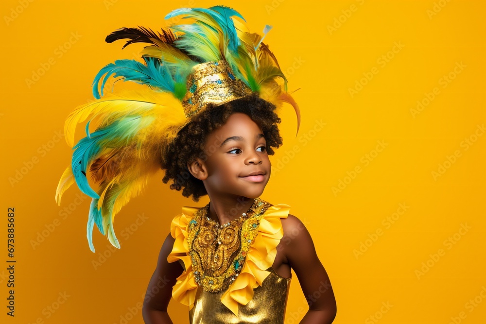 Naklejka premium African American child in carnival costume on bright background, empty space banner horizontal