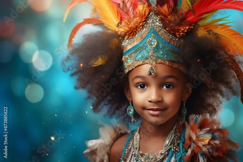 African American child in carnival costume on bright background, empty space banner horizontal