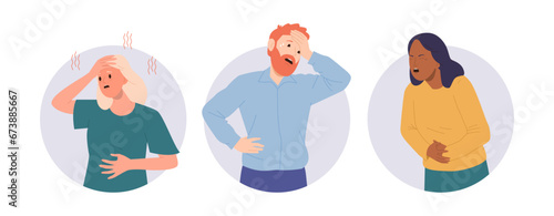 Isolated set of round icon composition with sick unhealthy people cartoon character with flu symptom