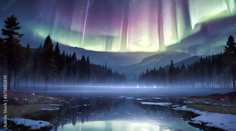 Natural scenery and brilliant auroras in the sky - obrazy, fototapety, plakaty 
