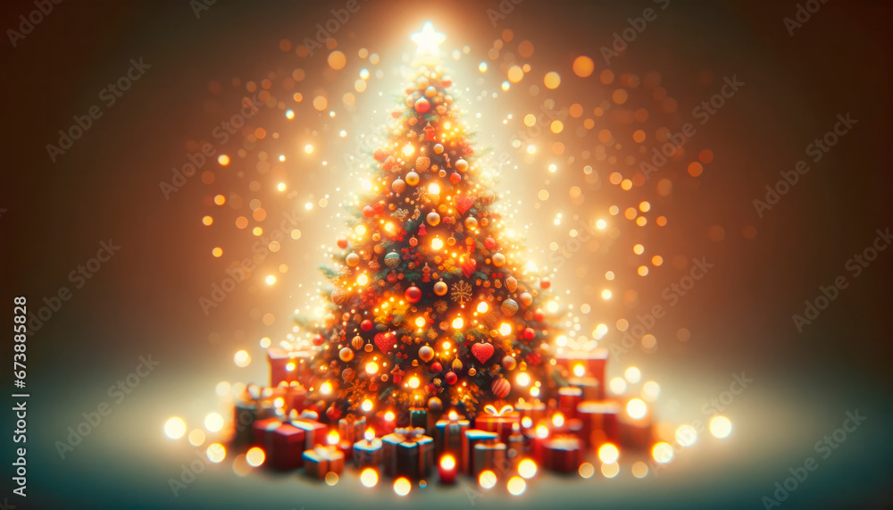Christmas tree with gifts and bokeh lights on a dark red background. Generative AI Christmas tree with gifts and bokeh lights on a dark red background. Generative AI