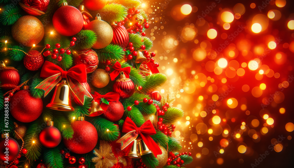 Christmas tree with baubles and decorations on bokeh background. Generative AI Christmas tree with baubles and decorations on bokeh background. Generative AI