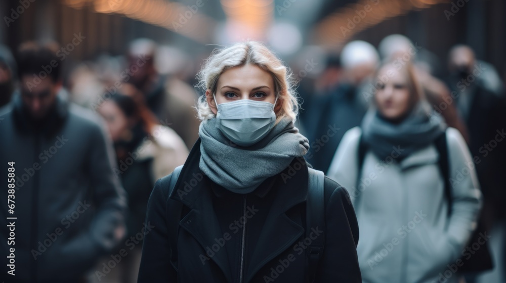 Person with a face mask in a crowded space Person with a face mask in a crowded space