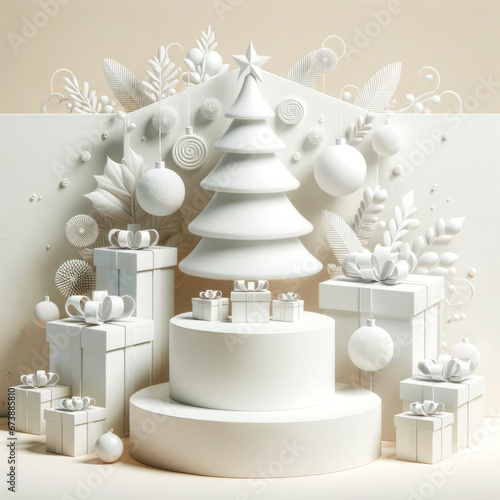White christmas tree with gift boxes and decorations. Generative AI