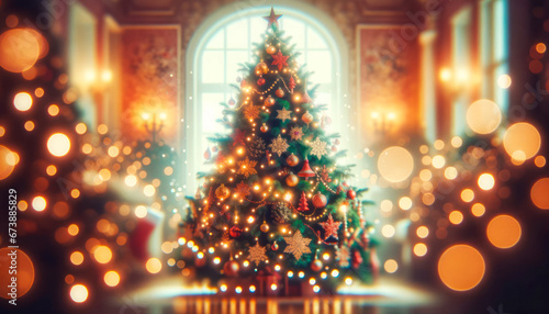 Christmas tree and decorations on the background of the room with a large window. Generative AI