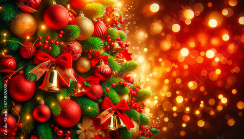 Christmas tree with baubles and decorations on bokeh background. Generative AI