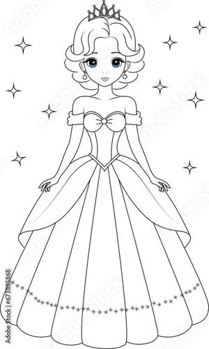 Coloring page cute princess. Flat vector outline for kids coloring book