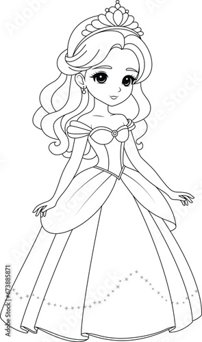 Coloring page cute princess. Flat vector outline for kids coloring book