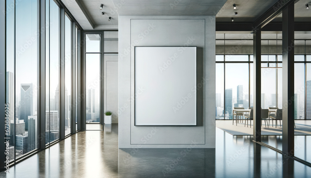 Modern office interior with empty poster and city view. Mock up. Generative AI Modern office interior with empty poster and city view. Mock up. Generative AI