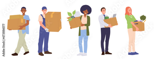Isolated set of different people cartoon characters holding boxes moving to new home or office