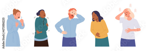 Sick people cartoon characters with flu or cold viral infection symptoms isolated set on white