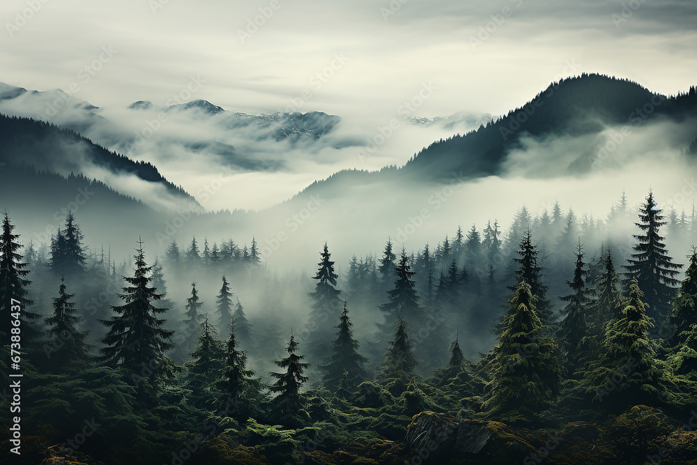 Beautiful view of pine forest with thick fog in the forest