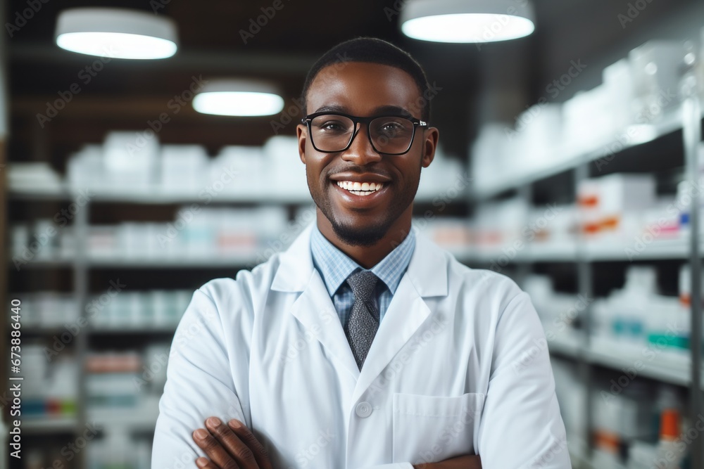 Confident Pharmacist in White Coat in Modern Pharmacy