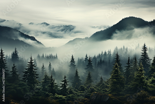 Beautiful view of pine forest with thick fog in the forest © Inlovehem