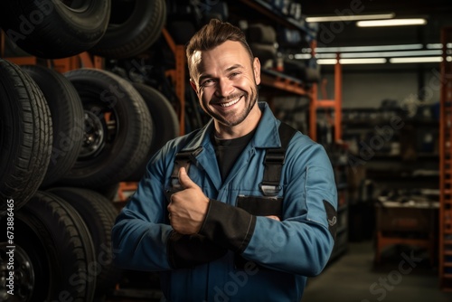 Confident Mechanic Giving Thumbs Up in Tire Shop