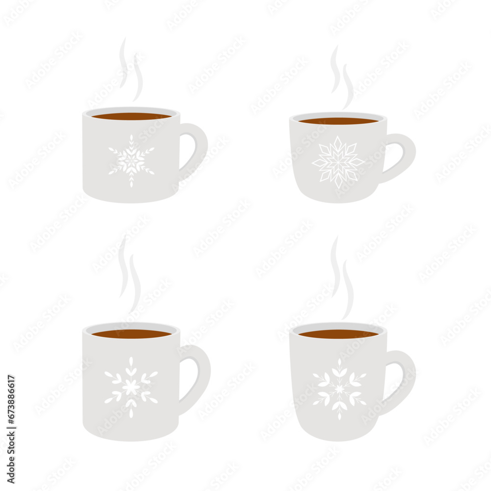Obraz premium Cups of cocoa with steam and with snowflakes, on white background