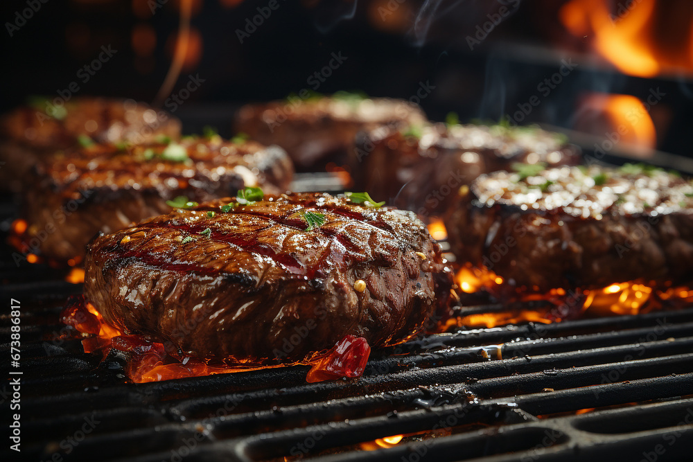 Delicious beef steak on the grill with flames - obrazy, fototapety, plakaty 
