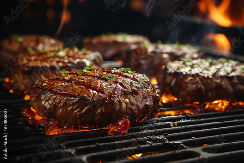 Delicious beef steak on the grill with flames photo