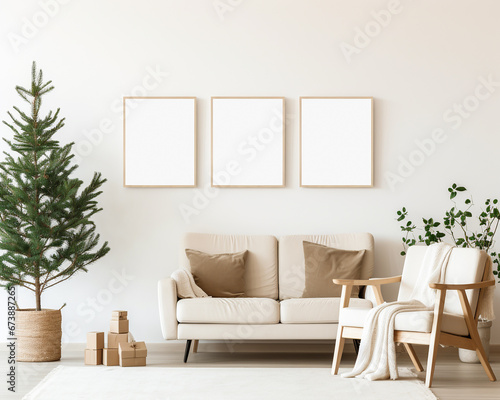 Interior wall vertical wooden poster photo frame,christmas tree and decoration,3D Render photo
