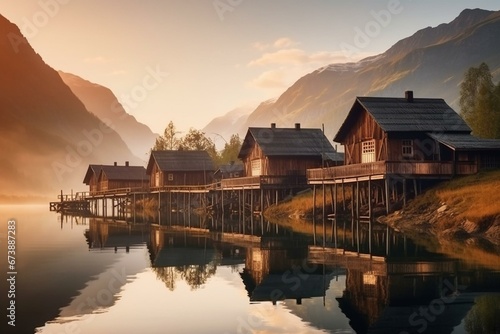 Picturesque ancient village on lake during sunrise. Wooden houses, historic backdrop, Scandinavian mountains. Generative AI